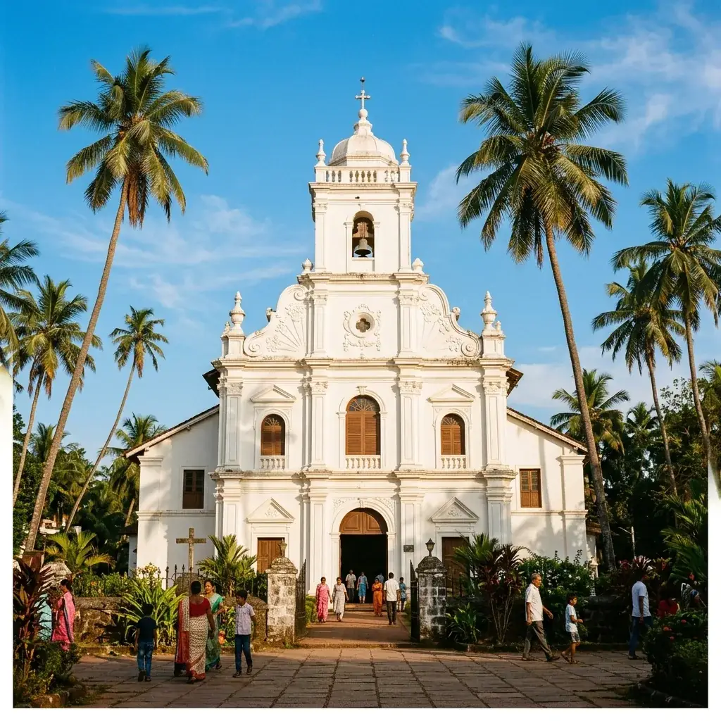 A historic Goan church surrounded by tropical greenery